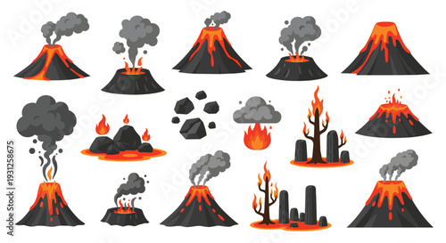 Collection of cartoon style volcanoes erupting with lava smoke and ash creating a dramatic natural disaster scene