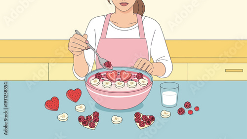 Woman preparing a healthy breakfast bowl decorated with heart shaped fruit.