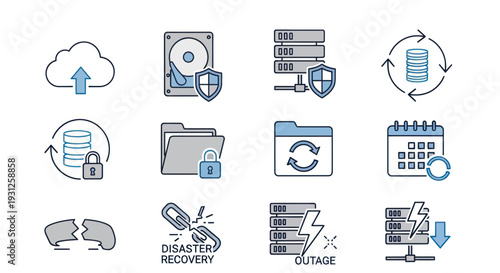 Data management icons: cloud, hard drive, server, files, calendar, disaster.