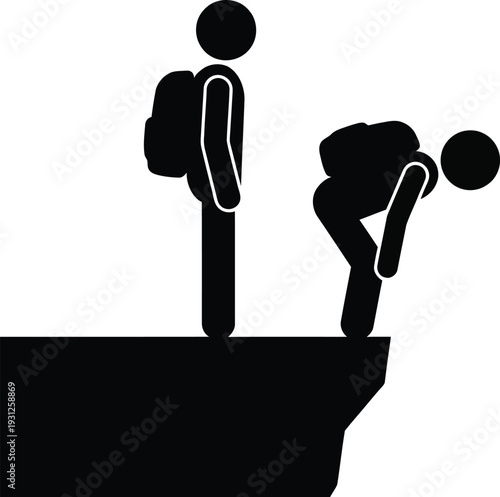 A minimalist silhouette of two hikers standing at the edge of a steep cliff looking down Vector