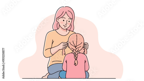 Mother braiding daughter's hair with love