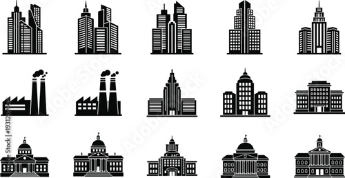 Black silhouette building icon set featuring skyscrapers, industrial factories, and classical 