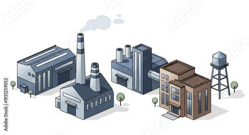 Industrial Factory Buildings and Water Tower.
