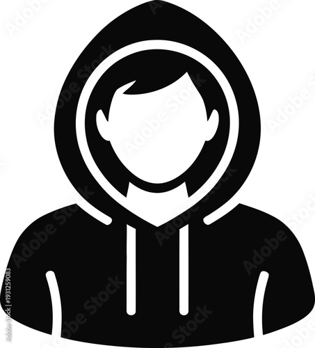 Simple black silhouette of a person wearing a hooded sweatshirt