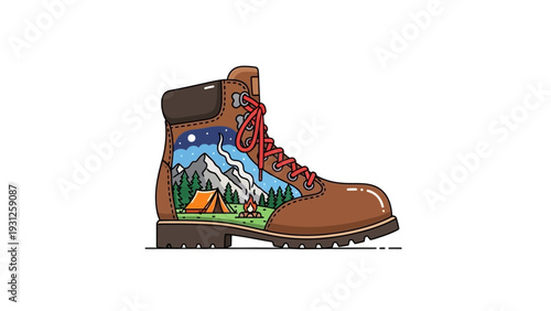 Illustration of a hiking boot filled with a scenic mountain camping landscape.