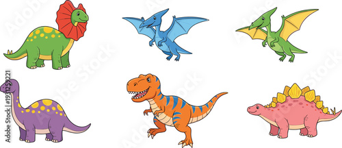 Colorful cartoon dinosaur set featuring Tyrannosaurus Rex, Stegosaurus, Triceratops, Brachiosaurus, and Pterodactyl flying, isolated vector characters on white background, children illustration.