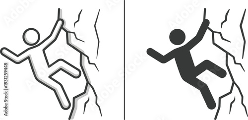 Rock climbing icon set featuring outline and solid silhouettes of a person on a cliff side Vector