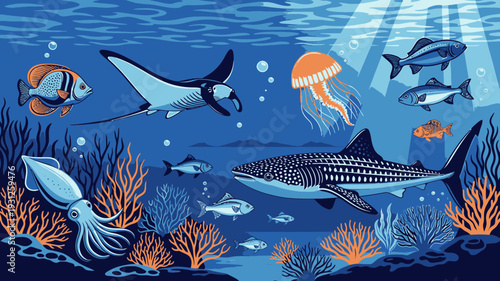 Vibrant Underwater Scene with Marine Life vector illustration