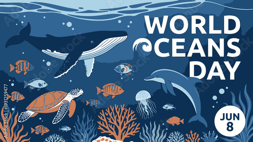 World Oceans Day Underwater Scene vector illustration