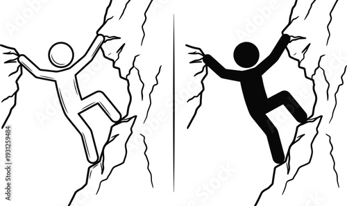 Simple black and white illustration of two stick figures climbing a jagged rock wall. Vector