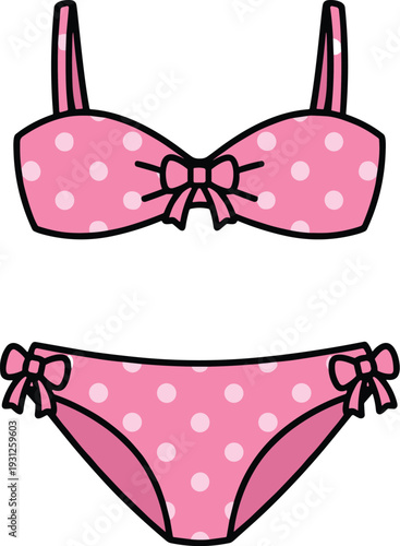 Cartoon pink polka dot bikini with bows, playful swimwear illustration featuring stylish two-piece design and cheerful fashion theme.