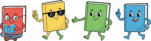 Cartoon anthropomorphic books with distinct personalities reading, walking, greeting, and sharing knowledge in playful educational illustration design.