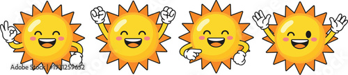 Cheerful cartoon sun characters with expressive faces, playful hand gestures, bright rays, joyful moods, uplifting illustration for positive themes.