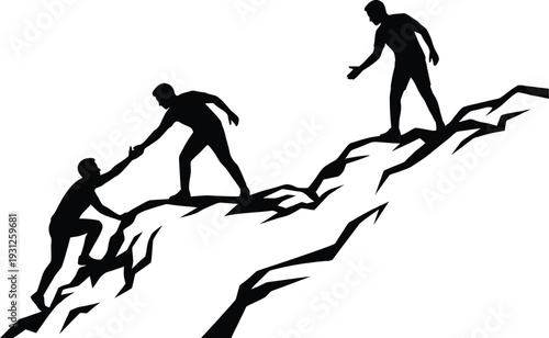 Silhouette of people helping each other climb a mountain peak representing teamwork and success. Vector
