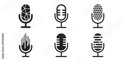 Black and white microphone icons with various grill patterns on white background vector