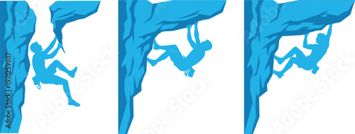 Pixel art illustration of a climber scaling a steep blue cliff in three different stages Vector
