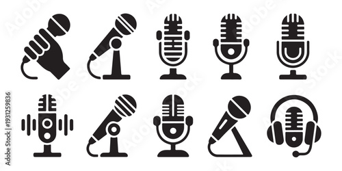 Assortment of microphones and headphones icons for audio recording and podcasting