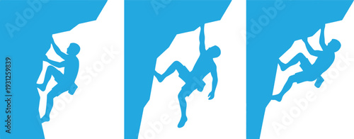Three blue silhouettes of rock climbers scaling steep cliffs on a white background Vector