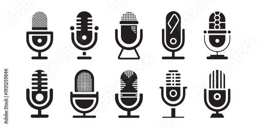 Variety of vintage and modern microphone icons for audio recording podcasting and broadcasting