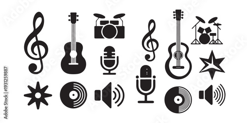 Musical instruments and audio symbols collection including guitar drums microphone and music notes