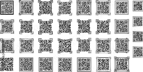 Vector illustration: Diverse collection of QR codes in various sizes and decorative frames. Ideal for technology, marketing, and digital communication design.