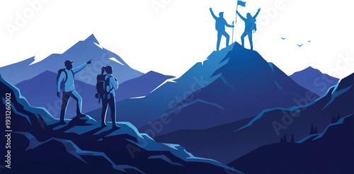 Pixel art illustration of hikers reaching a mountain summit and celebrating their success Vector