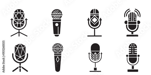 Geometric microphone collection featuring eight unique black and white symbols for audio branding