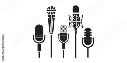 Five professional studio microphone silhouettes arranged in a group for podcast and music production