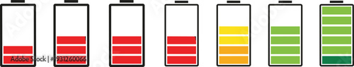 Collection of seven battery charging status icons showing levels from low to full with red orange yellow and green power indicator bars