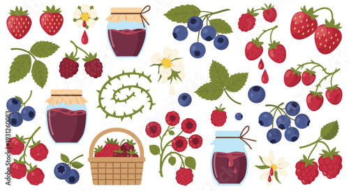 Assortment of Fresh Berries and Homemade Jams in Jars with Green Leaves and Flowers on a White Background