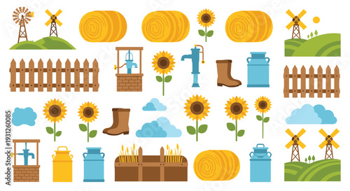 Charming collection of farm elements including windmills sunflowers hay bales fences and milk cans in a vibrant rural landscape illustration