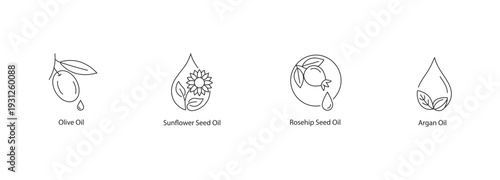 Organic Skincare Botanical Oil Vector Icons: Olive, Sunflower Seed, Rosehip, and Argan Oil Minimalist Line Art