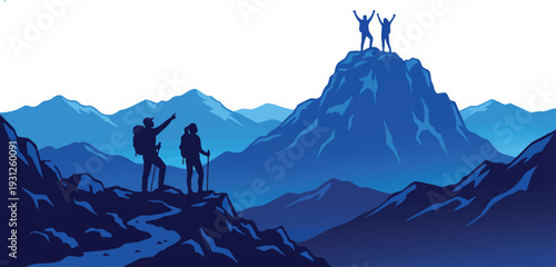 Two hikers admire a distant mountain peak in a beautiful blue pixel art landscape illustration Vector