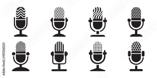 Microphone vector icon set for podcast, studio, broadcast, radio show, voice recording, live stream