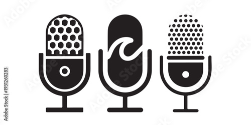 Three retro style microphones with unique grilles and accents isolated on a white background