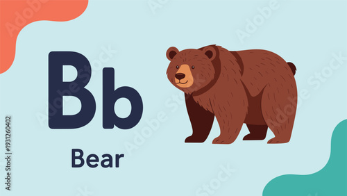 Educational alphabet card for the letter B features a cute brown bear illustration on a soft blue background.