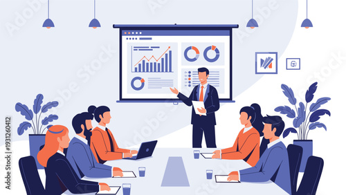 Professional businessman delivers a corporate presentation using a screen with diverse financial data charts.