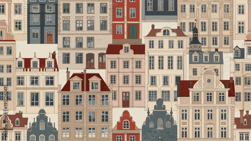 Seamless pattern of old European city buildings with colorful facades and traditional architectural features.