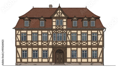 Traditional German half-timbered house with a brown roof and detailed architectural elements is illustrated.