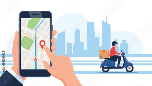 Businessman uses a mobile app to track a delivery driver on a scooter within a modern urban city environment.