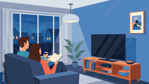 Young couple relaxes on a sofa in their cozy living room while reading a book together during a quiet evening.