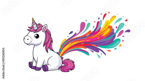 Cute white unicorn sits peacefully with a vibrant and colorful rainbow splash tail in a fantasy illustration.
