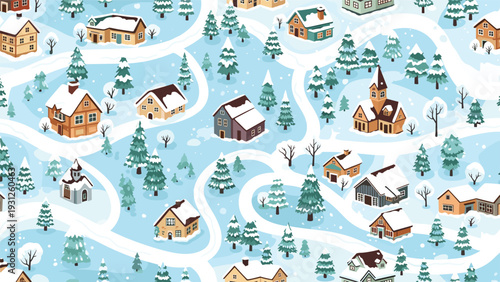 Seamless pattern of a peaceful winter village with houses and evergreen trees covered in snow and icy paths.