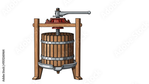 Traditional wooden wine press with a metal screw mechanism used for extracting juice from fruits is depicted.