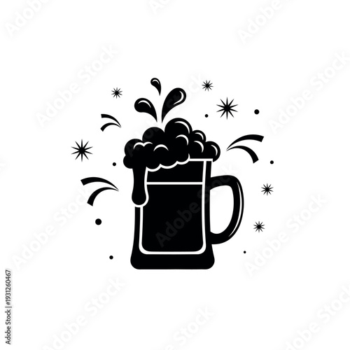 Beer mug with overflowing foam and festive elements.