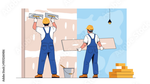 Two construction workers in blue overalls are seen plastering a large wall during a house renovation project.