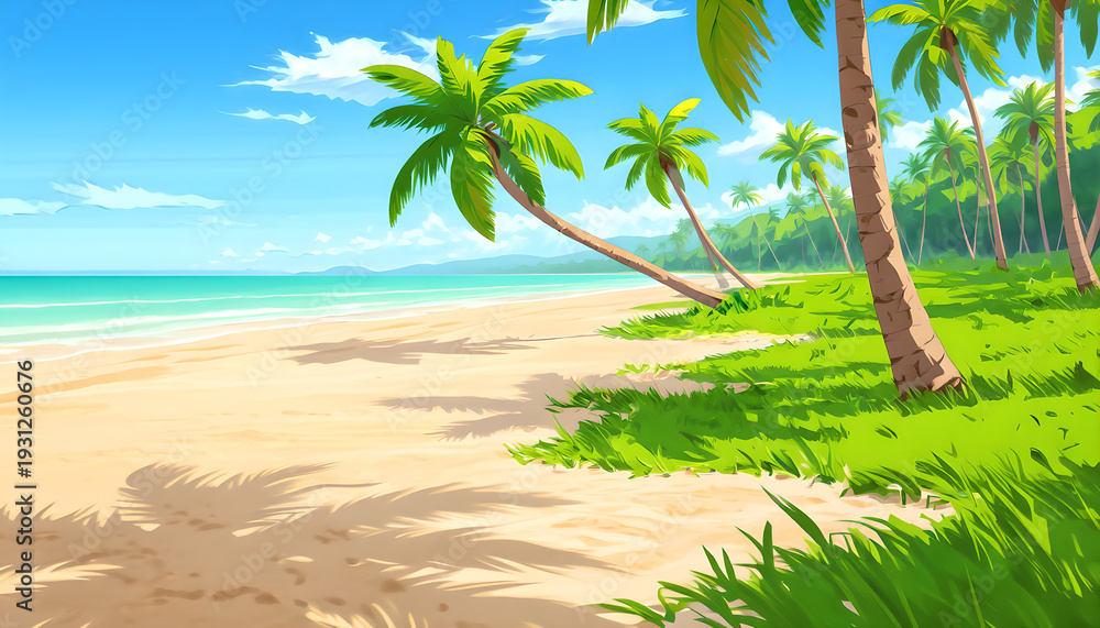 Fototapeta premium Tropical beach scene with palm trees blue sky and sandy shoreline