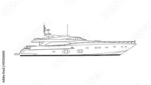 Sleek modern luxury yacht side view in a minimalist black and white line drawing showing detailed windows and deck structures.