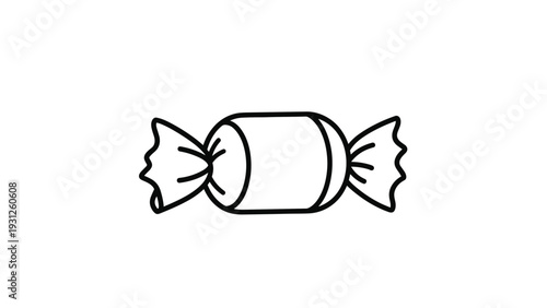 Simple black and white line art drawing of a single wrapped candy piece isolated on a plain white background for design use.