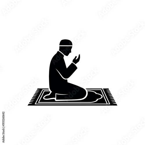 Muslim Man Praying on Prayer Mat Silhouette.
